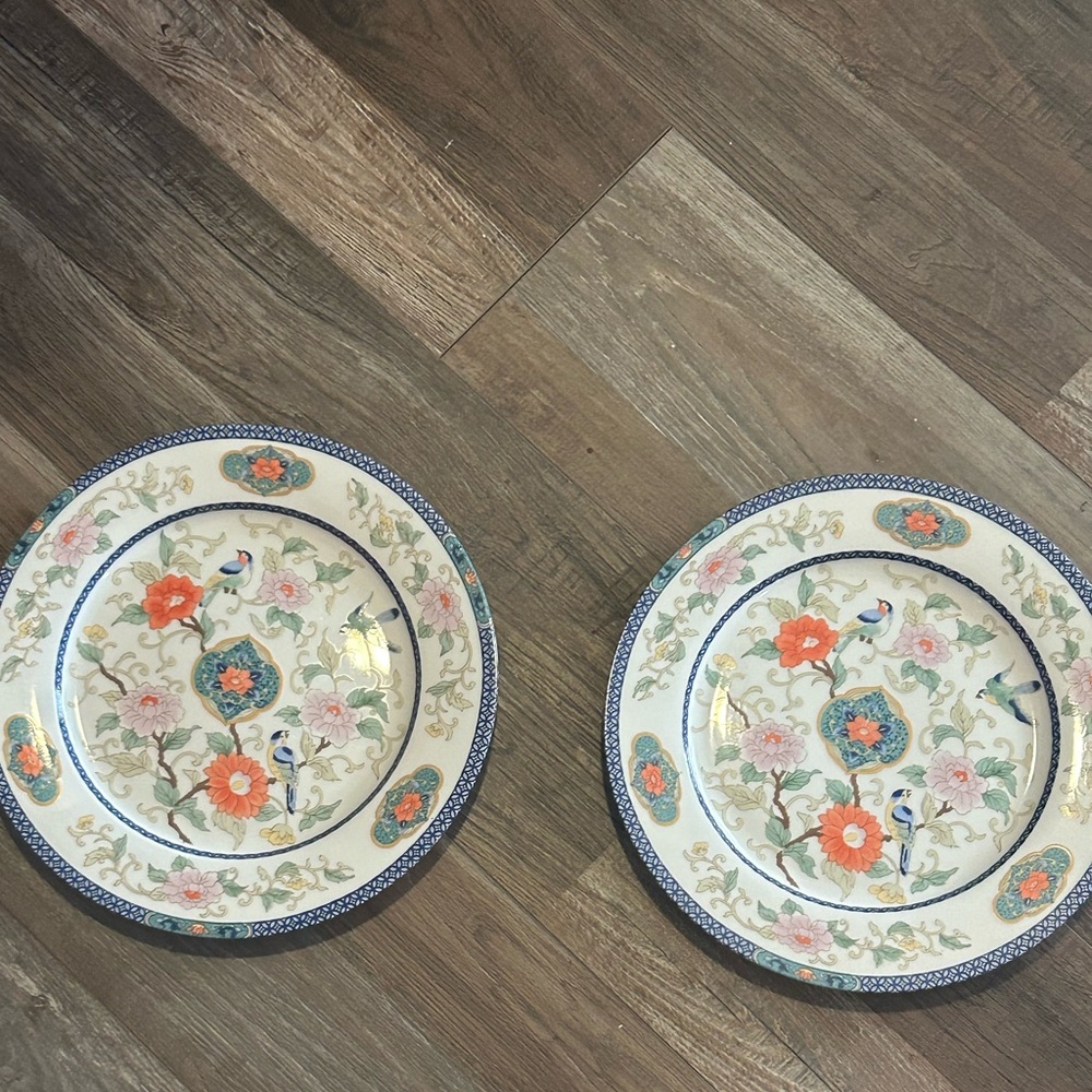 2-10.5” Distinctive China Ming Dinner Plate. Multi Colors And Trimmed In Blue